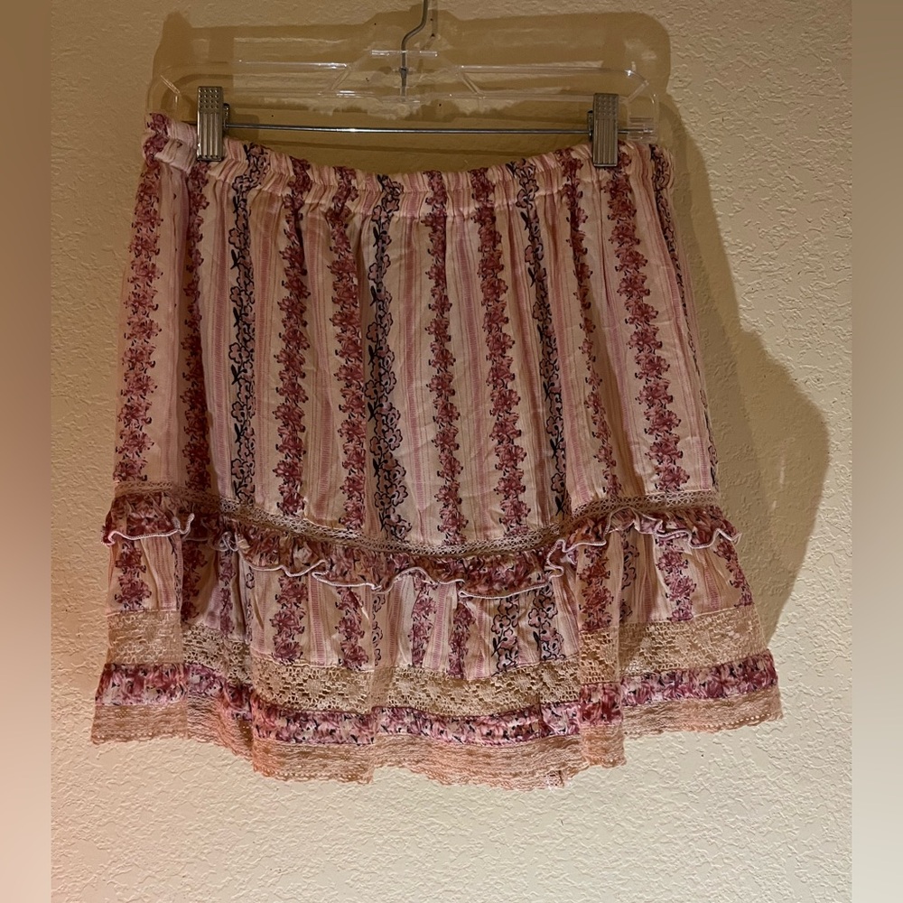 Angie Pink and Cream Striped Floral Ruffle Mini Skirt